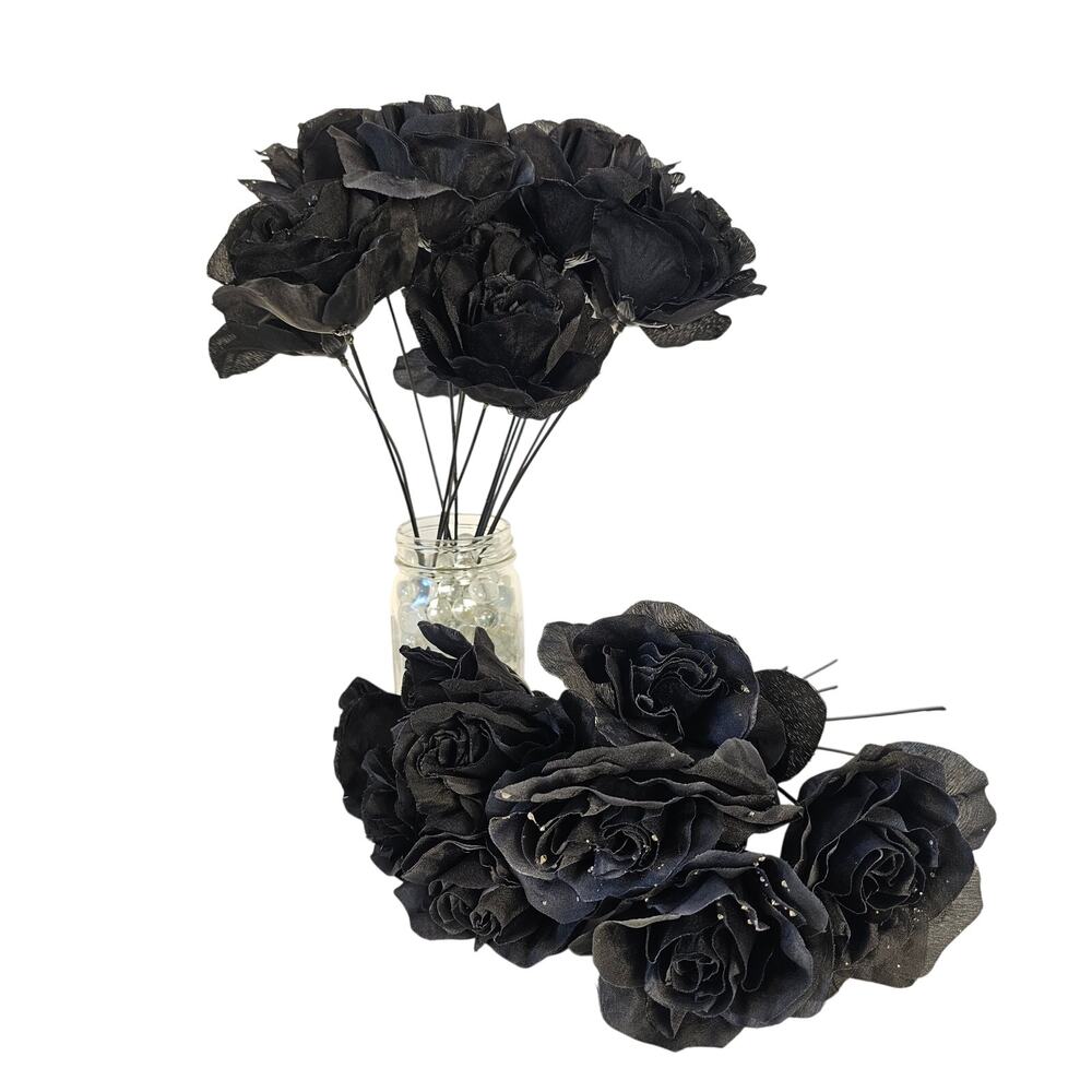 Black Silk Rose Flowers 4" Blooms Black Stem Gothic Wedding Floral Craft Lot 24